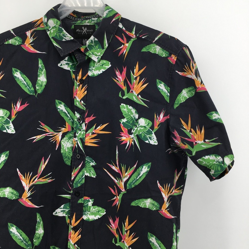 Marc Ecko Button Down Shirt Mens Large Black Tropical Bird of Paradise Floral L